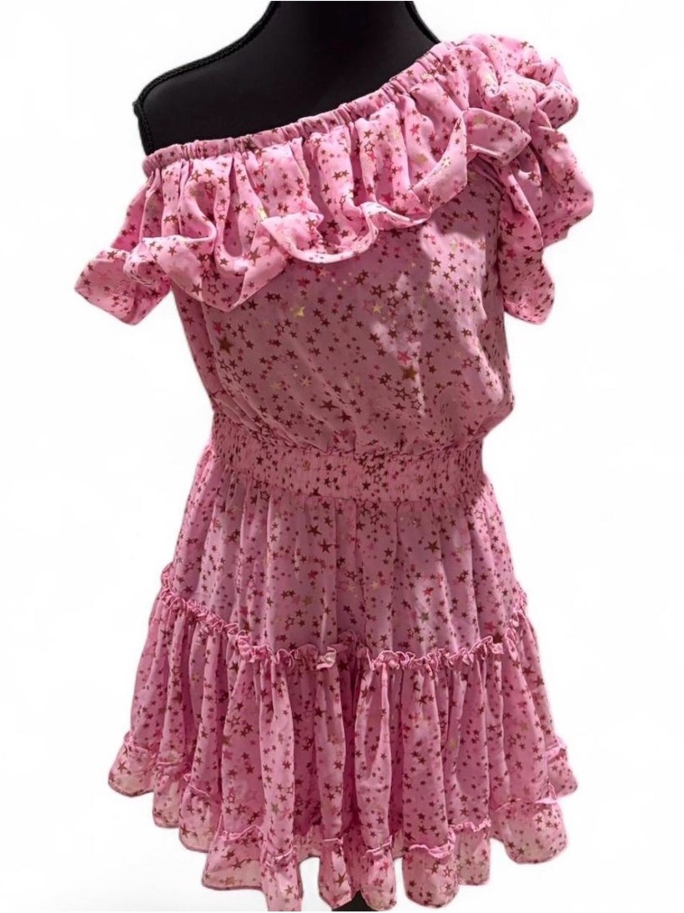 Buddy Love Pink One-Shoulder Ruffle Star Print Dress